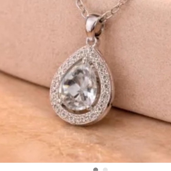 Adina Eden Jewelry - Adina Eden Silver Pear Teardrop Halo CZ Necklace - Silver